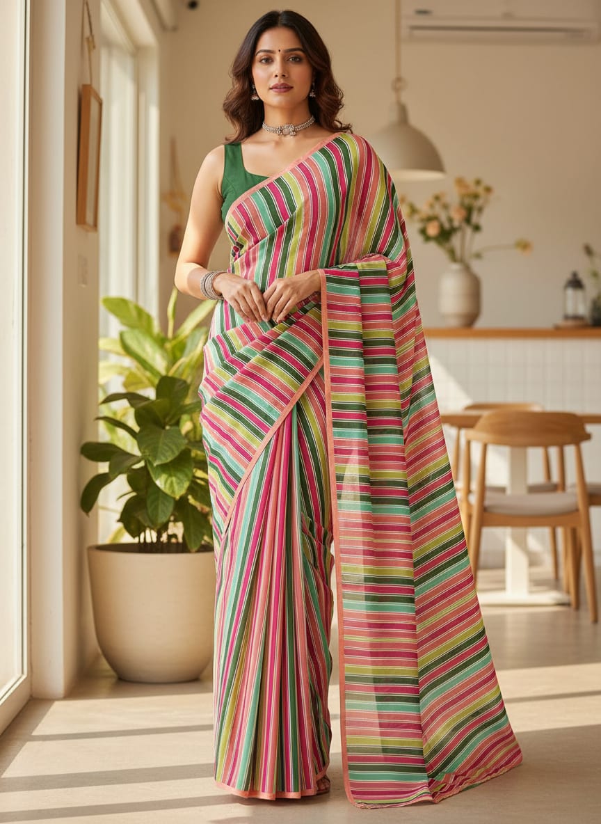 Multicolor Hailine Strips Weightless Printed Fabric