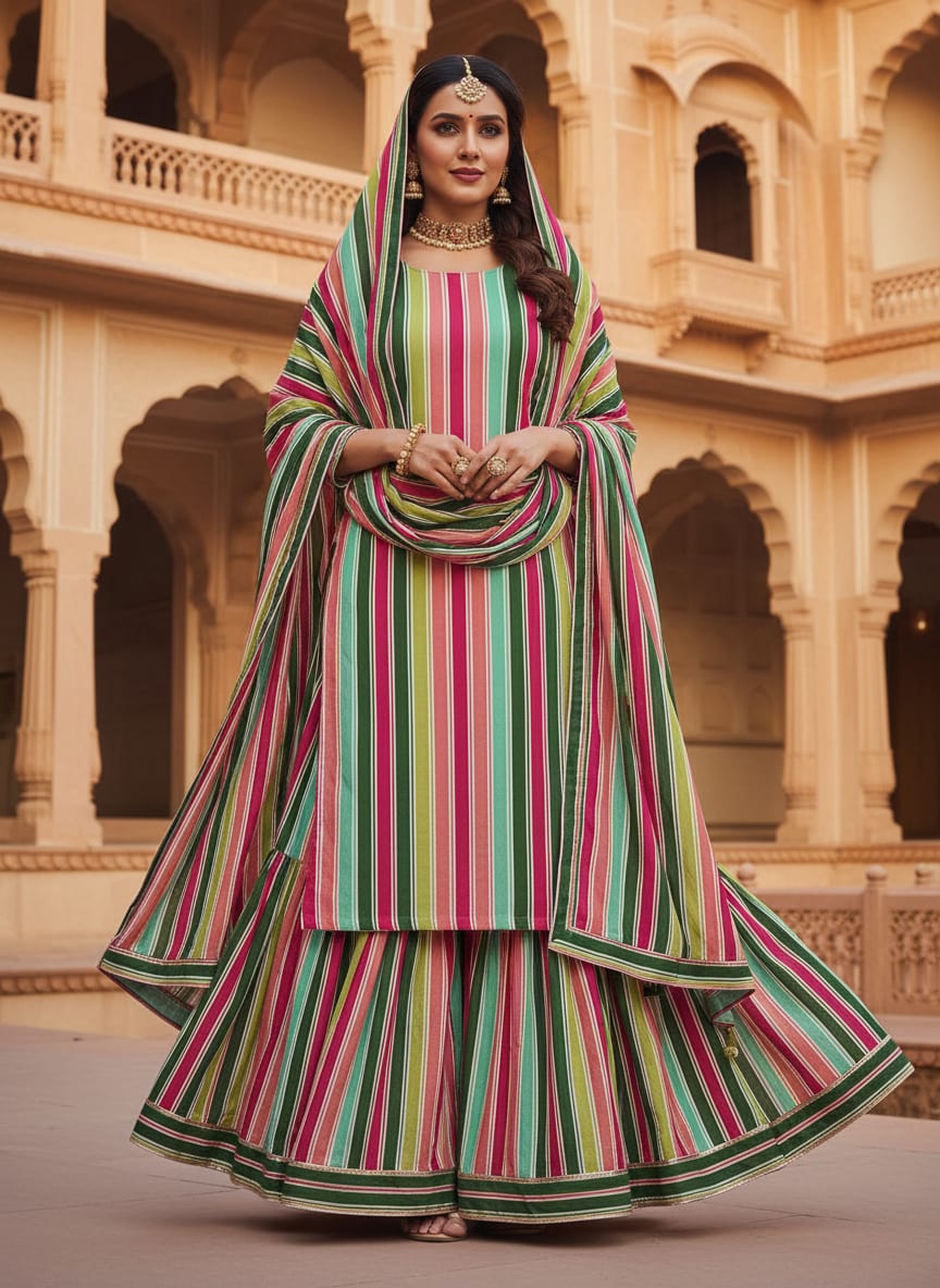 Multicolor Hailine Strips Weightless Printed Fabric