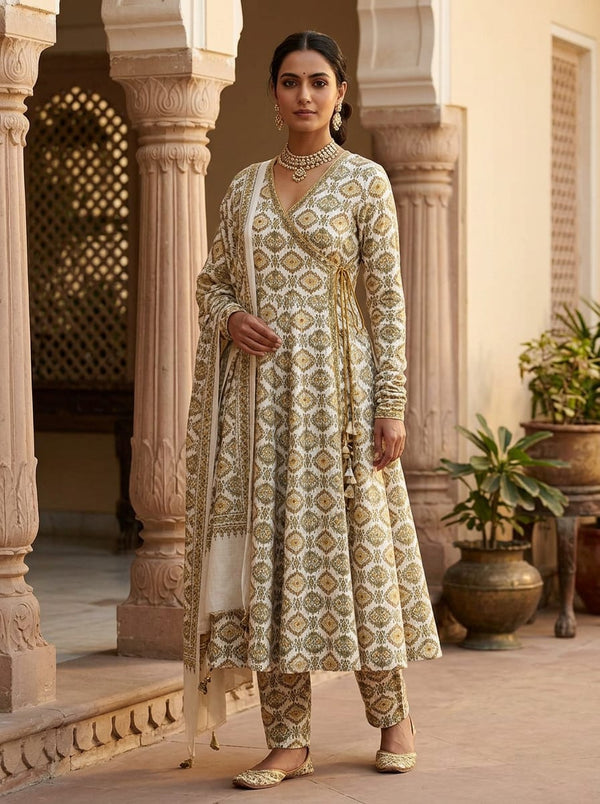 Multicolor Ethnic Ikat Diamond Pattern Pashmina Digital Printed Fabric - Angrakha Kurta Set Lookbook - POPA-0-MA012141-108 - alternate view