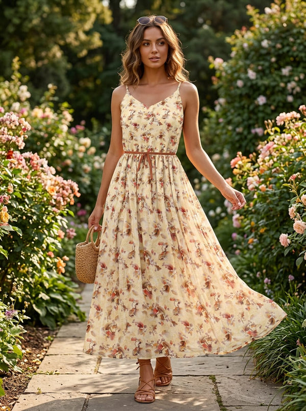 Cream Autumnal Botanical Leaf Print Weightless Digital Printed Fabric - Flowy Maxi Dress Lookbook - WE-0-MA012189-110 - alternate view