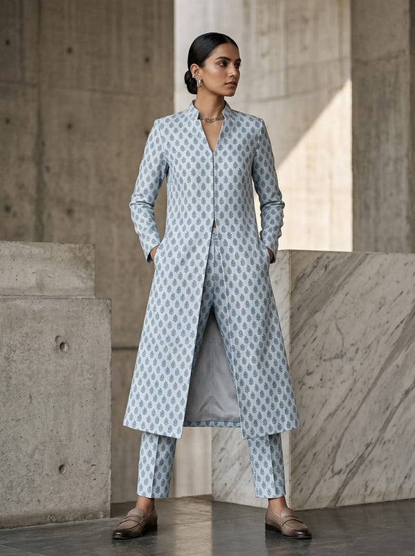 White Small Ethnic Botanical Leaf Print Pashmina Digital Printed Fabric - Long Jacket Kurta with Straight Pants Lookbook - POPA-0-MA012191-108 - alternate view