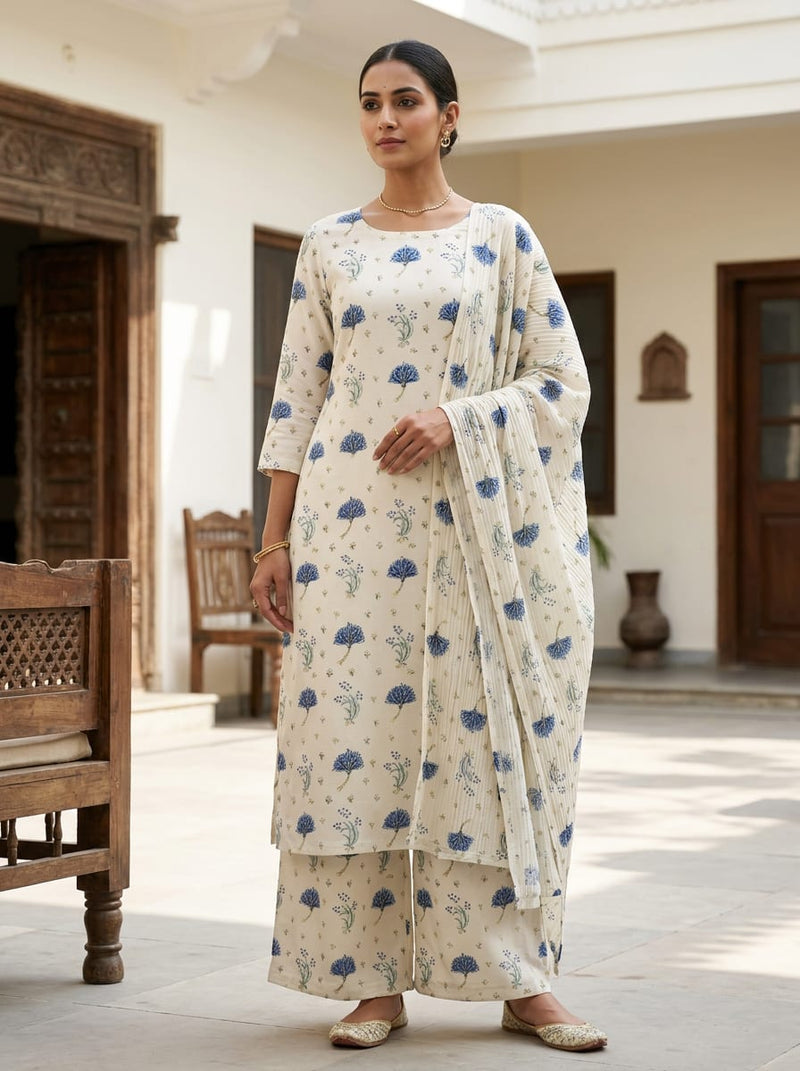Cream Dainty Blue Floral Buti Pashmina Digital Printed Fabric