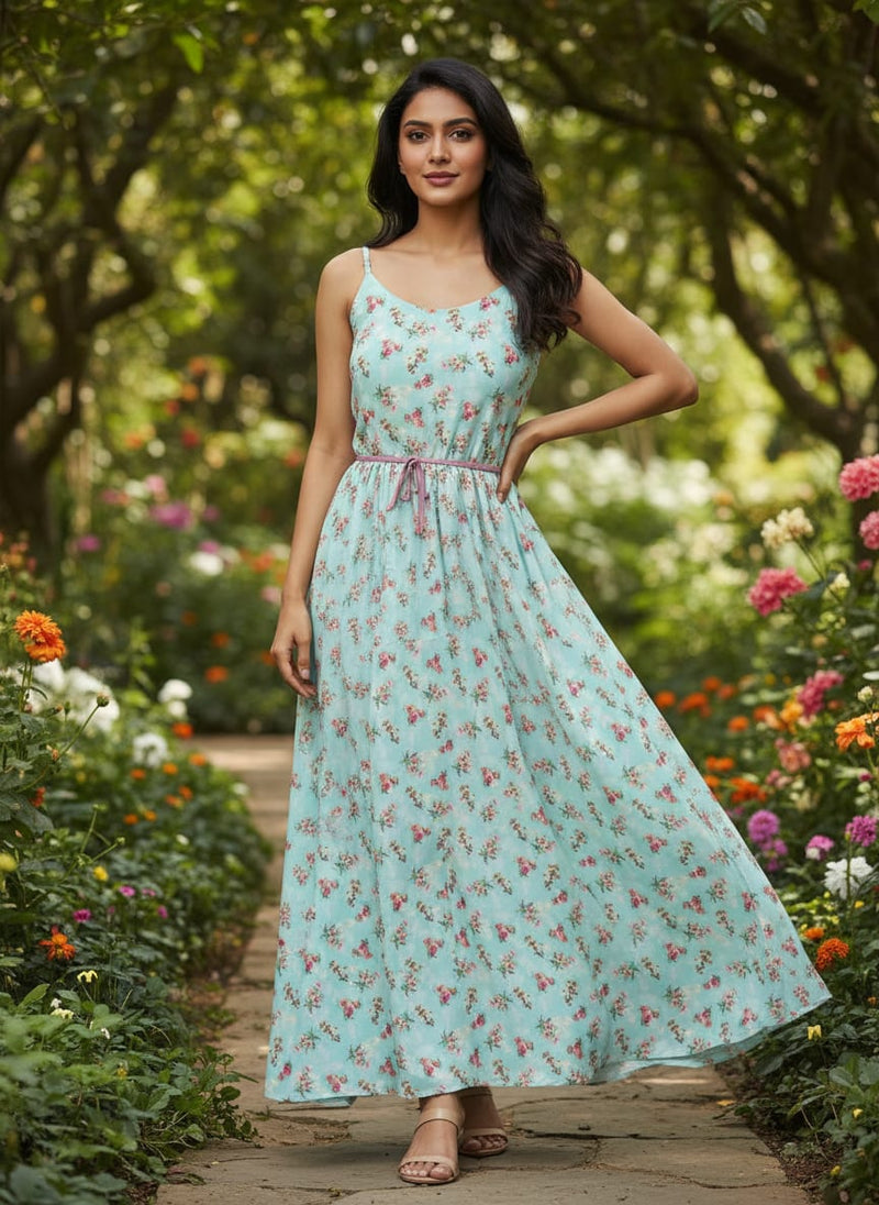 Skyblue Flower Weightless Printed Fabric