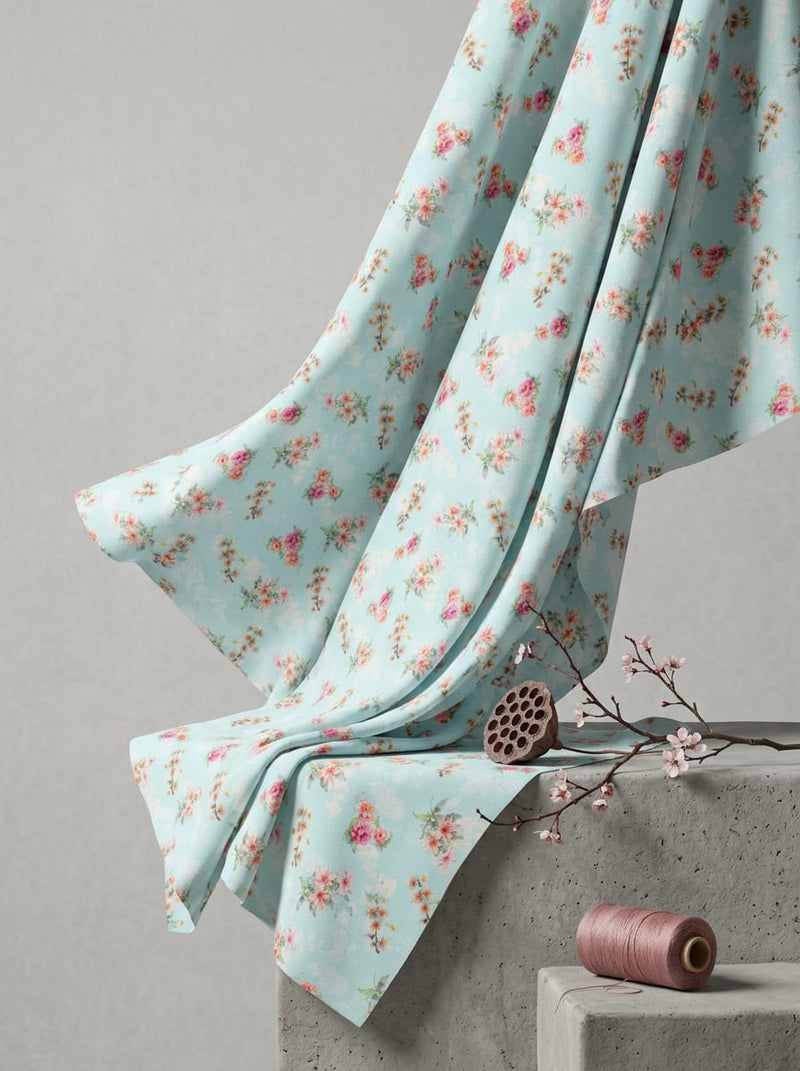 Blue Ditsy Floral Bouquets Weightless Digital Printed Fabric