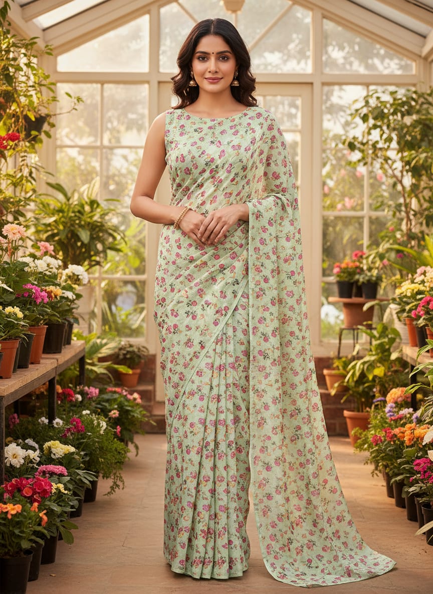 Pista Flower Silk Crepe Printed Fabric