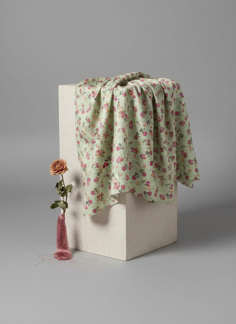 Pista Flower Silk Crepe Printed Fabric
