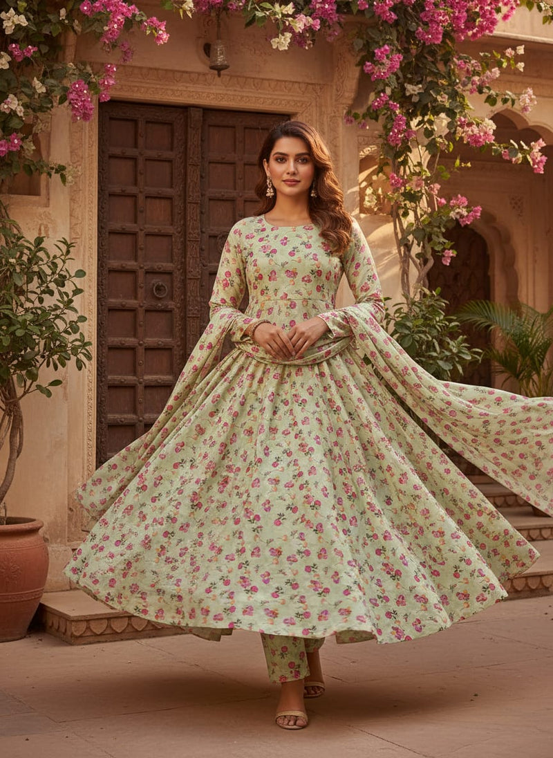 Pista Flower Silk Crepe Printed Fabric