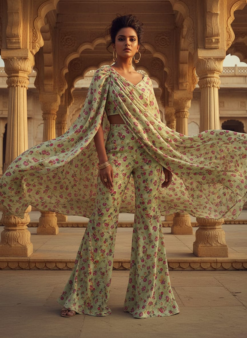 Pista Flower Silk Crepe Printed Fabric