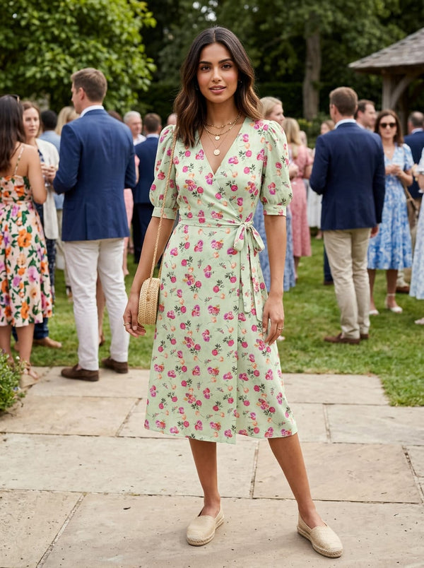 Green Small Rose Floral Bunches Silk Crepe Digital Printed Fabric - Wrap Dress Lookbook - CR-0-MA012229-110 - alternate view