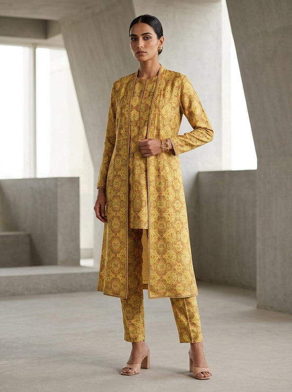 Yellow Intricate Ethnic Paisley Damask Pashmina Digital Printed Fabric - Long Jacket Kurta with Straight Pants Lookbook - POPA-0-MA012231-108 - alternate view