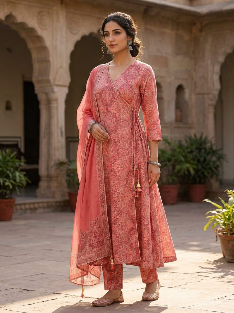 Pink Intricate Ethnic Paisley Pashmina Digital Printed Fabric