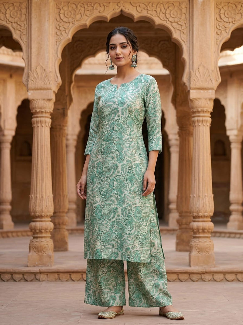 Green Intricate Paisley Print Pashmina Digital Printed Fabric