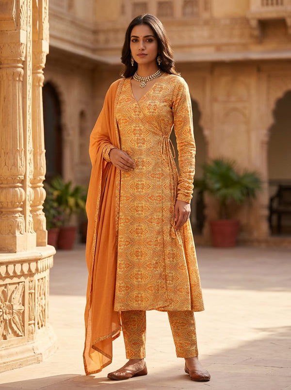 Orange Intricate Ethnic Paisley Damask Pashmina Digital Printed Fabric - Angrakha Kurta Set Lookbook - POPA-0-MA012234P2-108 - alternate view