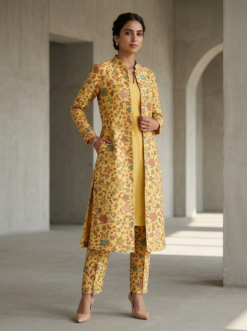 Yellow Ethnic Floral and Paisley Jaal Pashmina Digital Printed Fabric