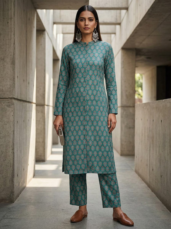 Teal Ethnic Floral Buti Stripe Pashmina Digital Printed Fabric - Long Jacket Kurta with Straight Pants Lookbook - POPA-0-MA012275-108 - alternate view