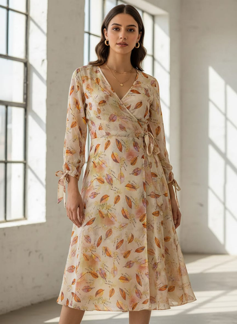 Cream Leaves Weightless Printed Fabric