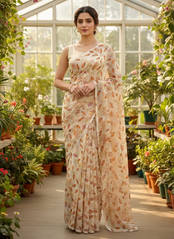 Cream Leaves Weightless Printed Fabric - Saree Lookbook - WE-0-MA012278-110 - alternate view