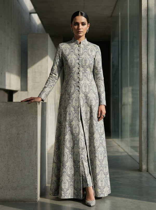 Grey Classic Damask Paisley Pashmina Digital Printed Fabric - Long Jacket Kurta with Straight Pants Lookbook - POPA-0-MA012280-108 - alternate view