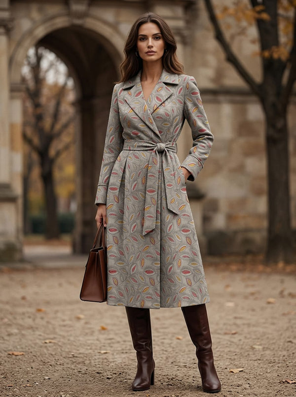Grey Ethnic Botanical Leaf Print Pashmina Digital Printed Fabric - Wrap Coat Dress Lookbook - POPA-0-MA012442-108 - alternate view