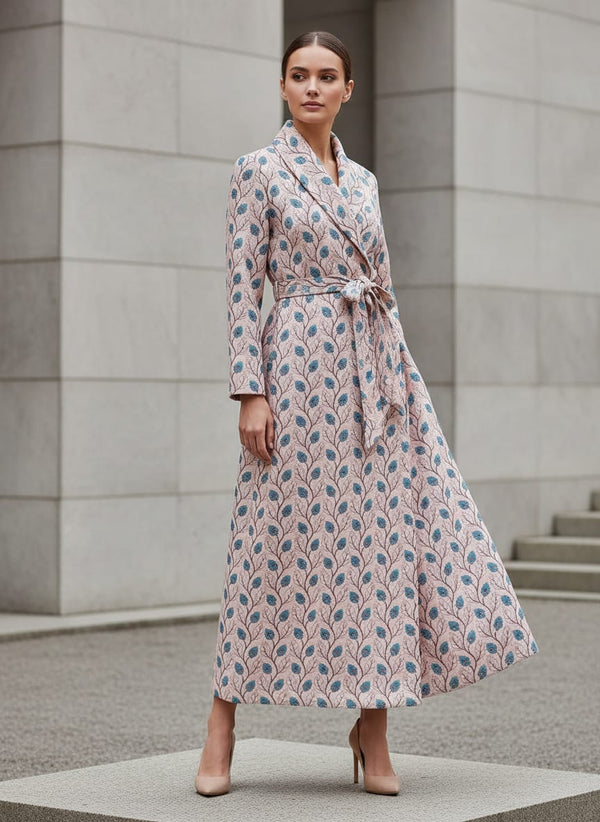 Peach Leaves Pashmina Printed Fabric - Wrap Coat Dress Lookbook - POPA-0-MA012471-108 - alternate view