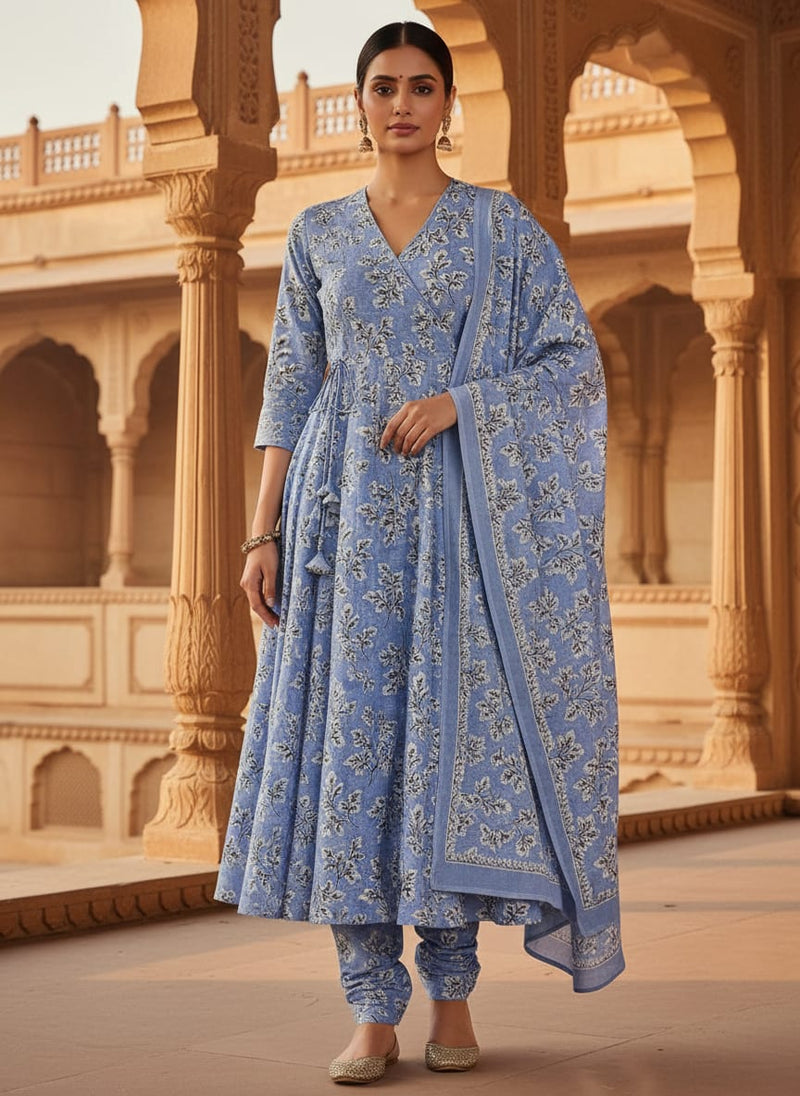 Light Blue Leaves Pashmina Printed Fabric