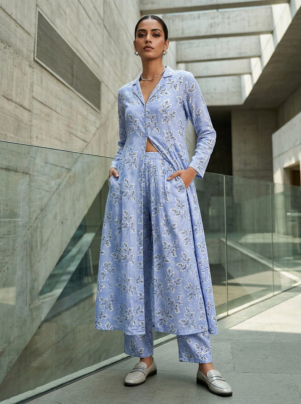 Blue Ditsy Botanical Leaf Print Pashmina Digital Printed Fabric - Long Jacket Kurta with Straight Pants Lookbook - POPA-0-MA012512-108 - alternate view
