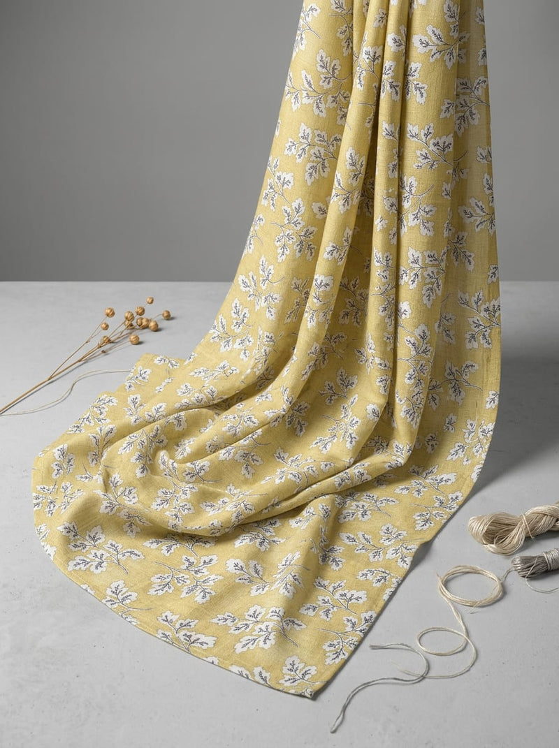 Yellow Ditsy Botanical Leaf Print Pashmina Digital Printed Fabric