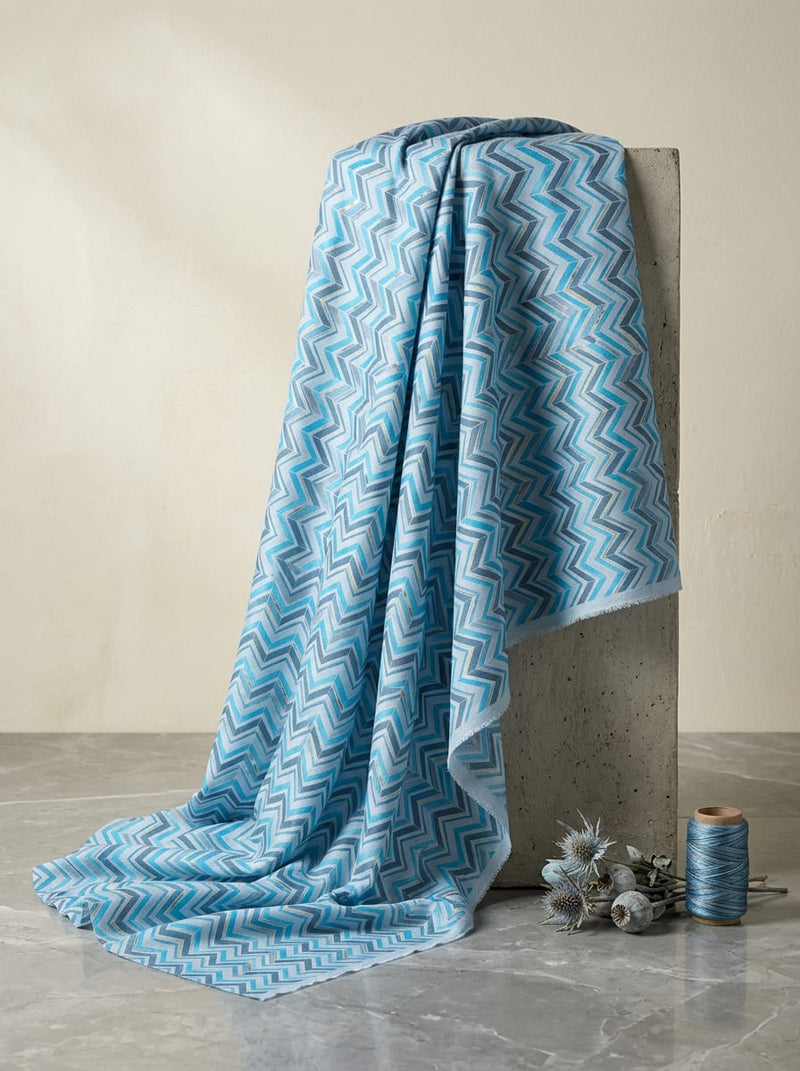 Blue Watercolor Chevron Pattern Pashmina Digital Printed Fabric