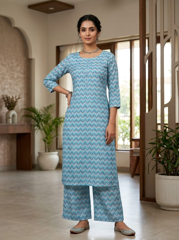 Blue Watercolor Chevron Pattern Pashmina Digital Printed Fabric - Straight Kurta with Palazzo Lookbook - POPA-0-MA012531-108 - alternate view