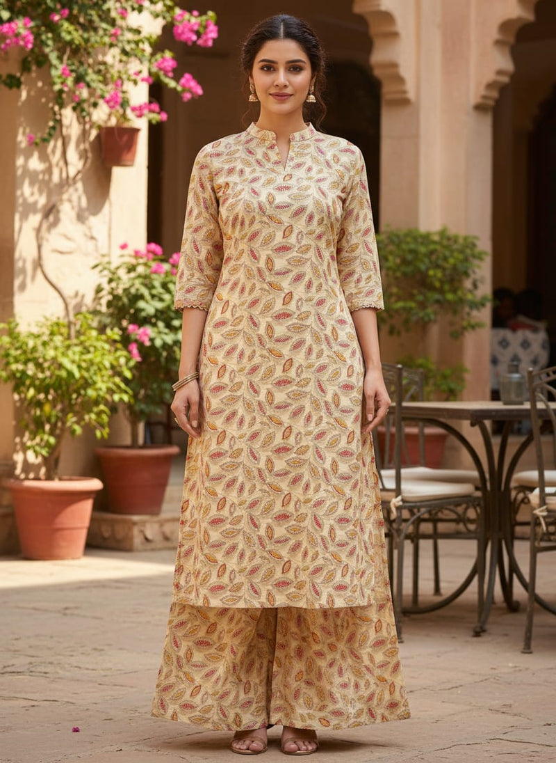 Cream Leaves Pashmina Printed Fabric