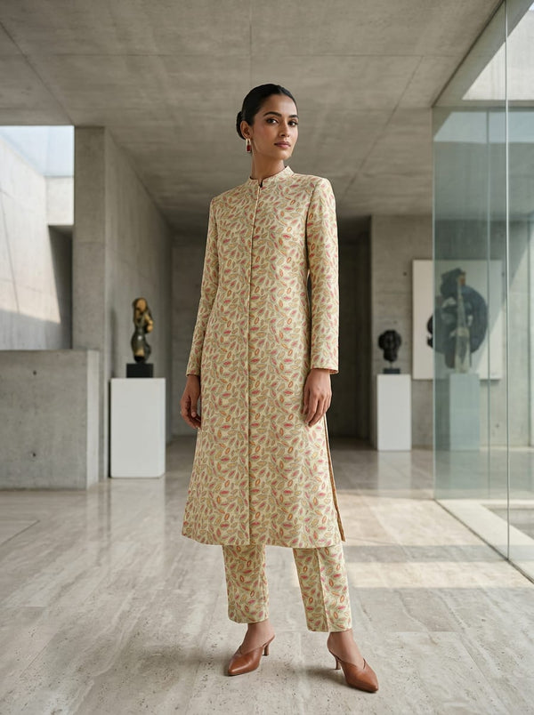 Cream and Red Dainty Ethnic Leaf Print Pashmina Digital Printed Fabric - Long Jacket Kurta with Straight Pants Lookbook - POPA-0-MA012737-108 - alternate view