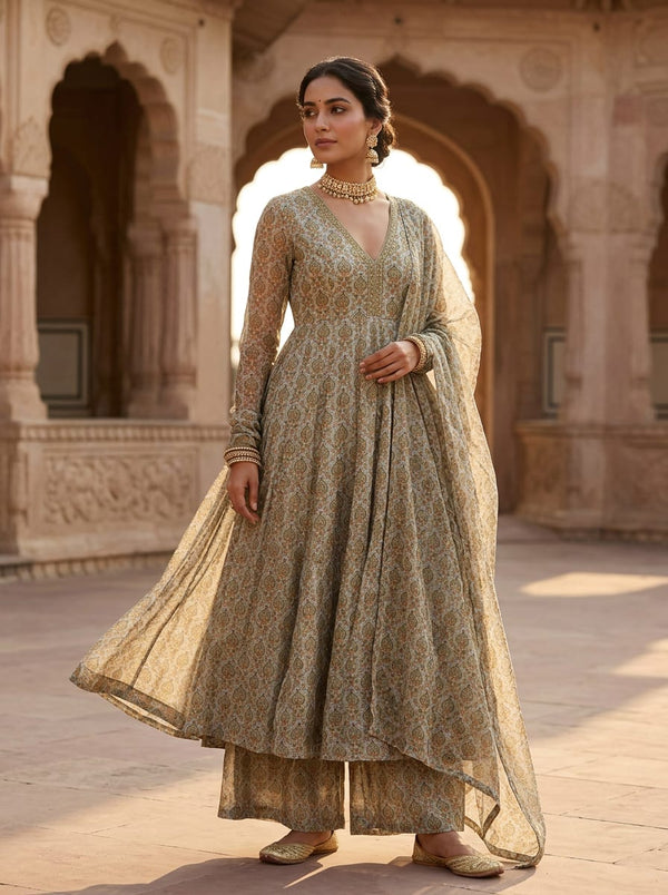 Blue Ethnic Paisley Damask Weightless Digital Printed Fabric - Anarkali Kurta Set Lookbook - WE-0-MA012770-110 - alternate view