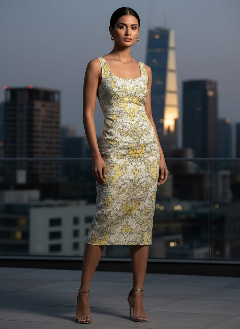 Tan Damask Silk Crepe Printed Fabric