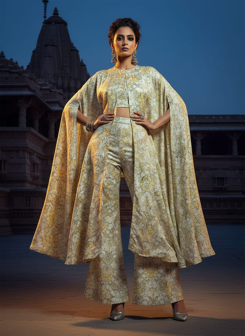 Tan Damask Silk Crepe Printed Fabric