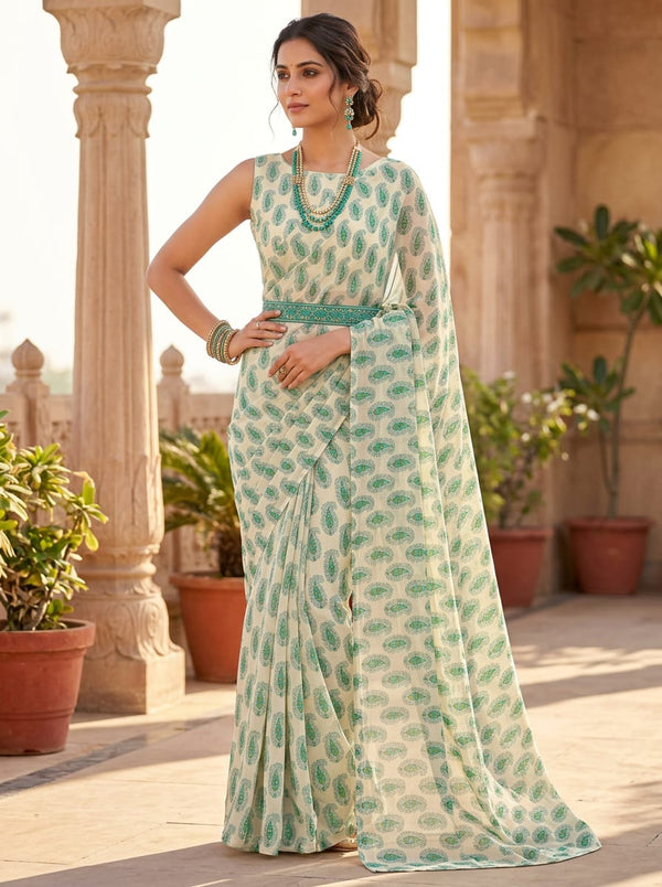 Cream Small Ethnic Paisley Print Weightless Digital Printed Fabric - Saree Lookbook - WE-0-MA01207-110 - alternate view