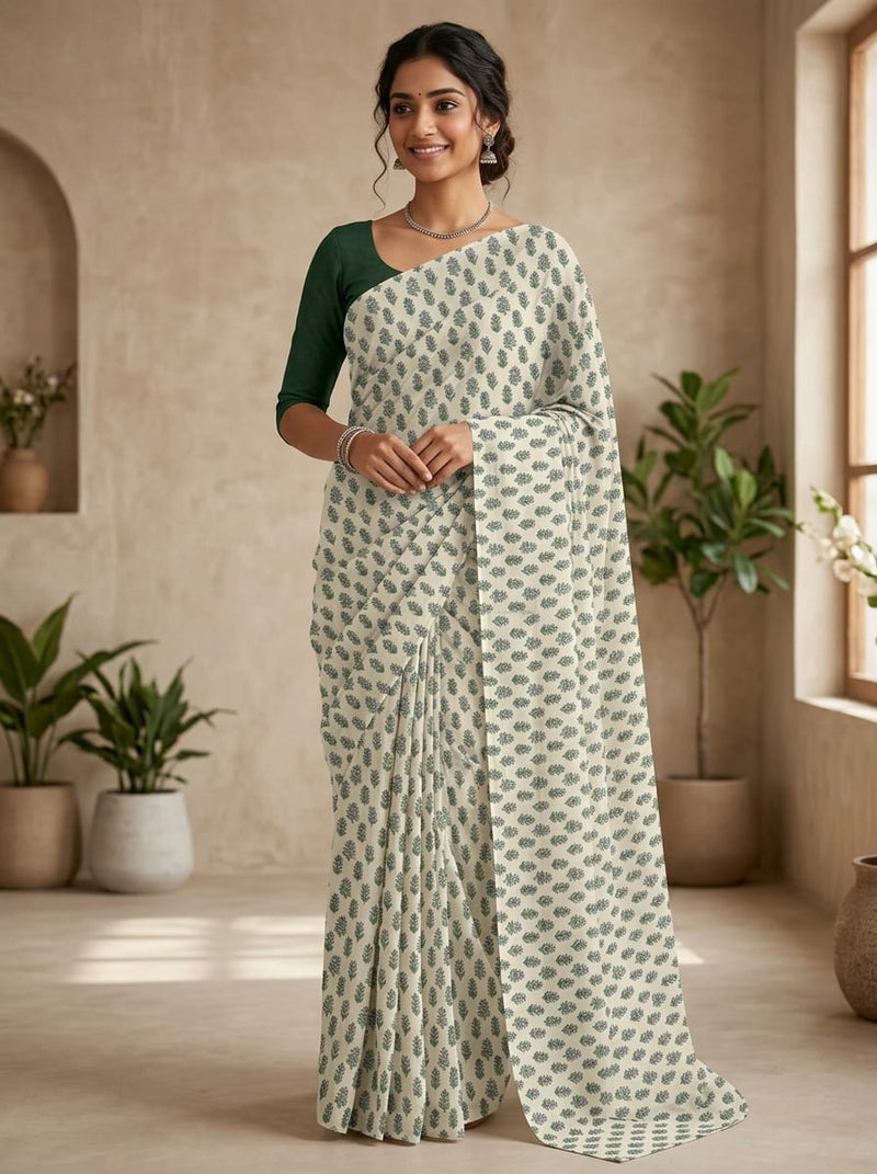 Cream Small Ethnic Floral Buti Silk Crepe Digital Printed Fabric