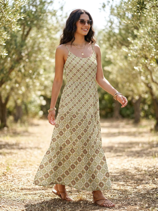 Multicolor Ethnic Geometric Tile Pattern Weightless Digital Printed Fabric - Flowy Maxi Dress Lookbook - WE-0-MA01248-110 - alternate view