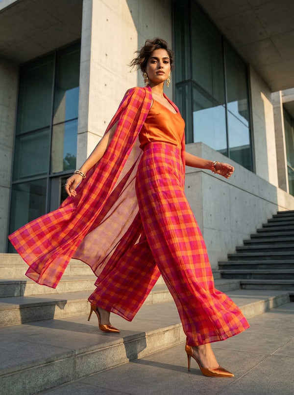 Multicolor Vibrant Checkered Pattern Weightless Digital Printed Fabric - Cape with Palazzo Lookbook - WE-0-MA01252-110 - alternate view