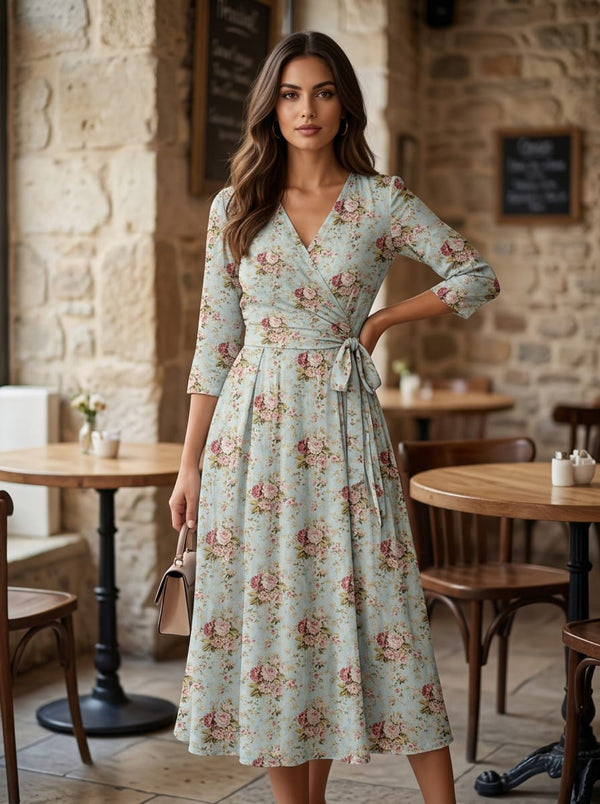 Blue Vintage Rose Floral Weightless Digital Printed Fabric - Wrap Dress Lookbook - WE-0-MA01273-110 - alternate view