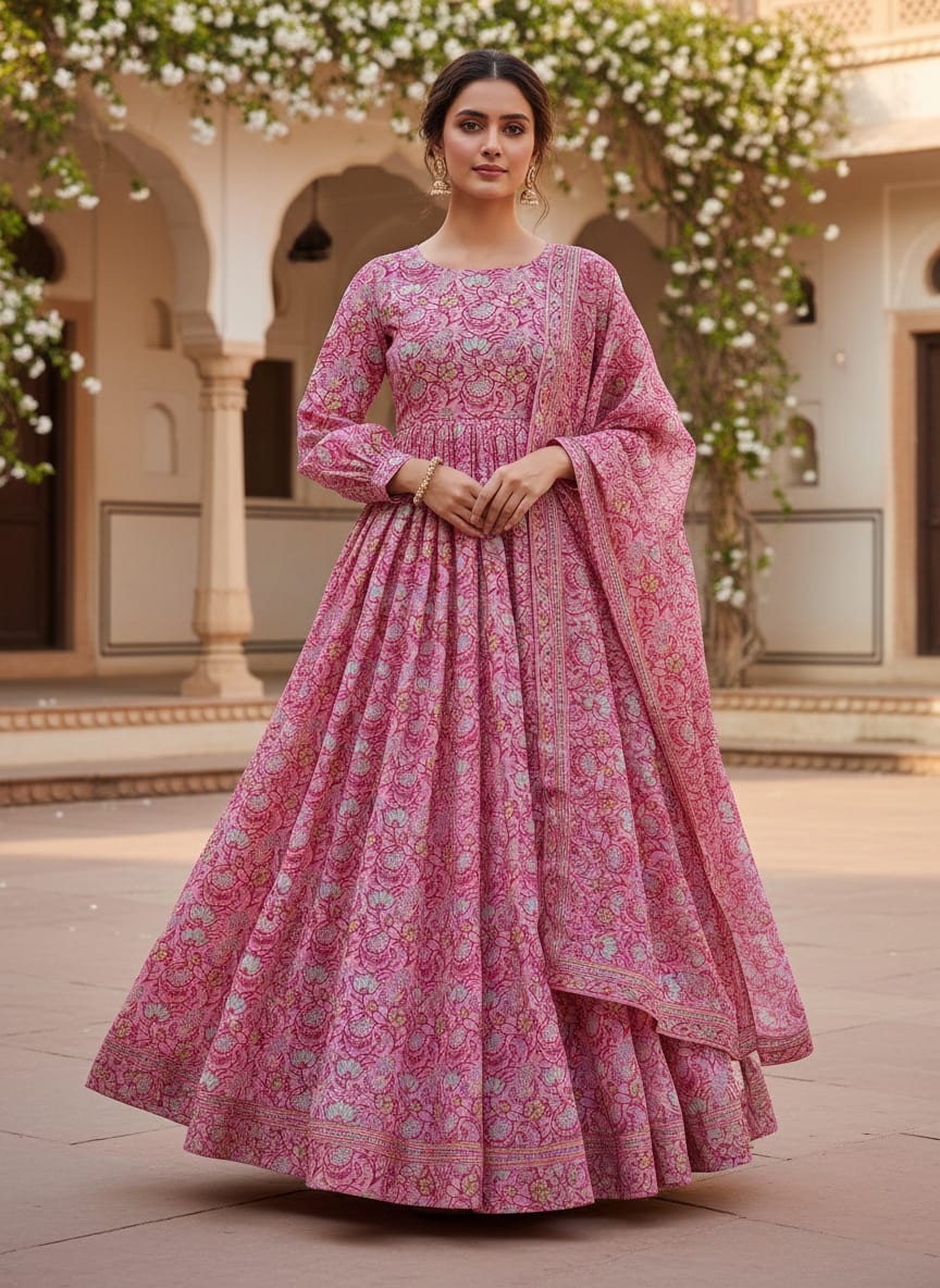 Pink Jecobean Silk Crepe Printed Fabric
