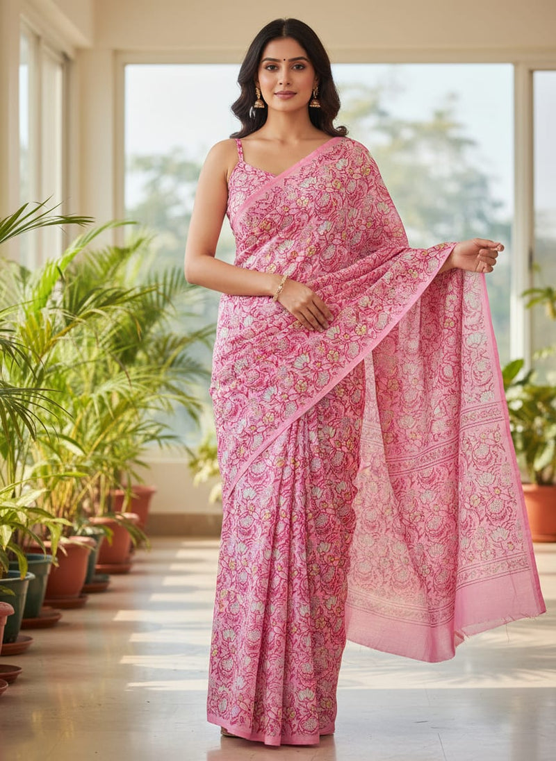 Pink Jecobean Silk Crepe Printed Fabric