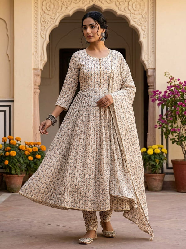 Cream Ethnic Damask Floral Pattern Rayon Digital Printed Fabric - Anarkali Kurta Set Lookbook - RA-0-MA01502-110 - alternate view