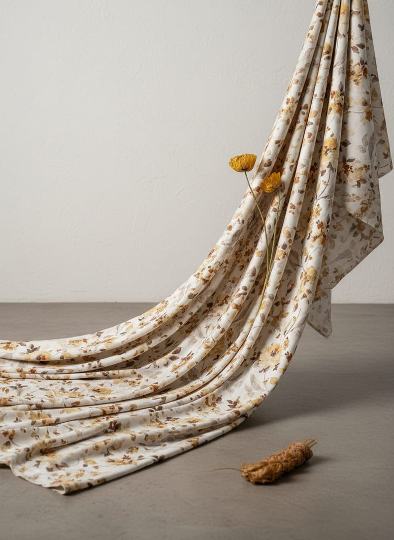 White Flower Weightless Printed Fabric