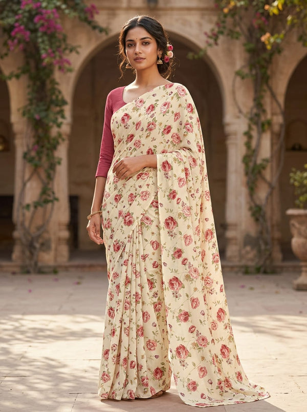 Cream Ditsy Vintage Roses Weightless Digital Printed Fabric - Saree Lookbook - WE-0-MA012207-110 - alternate view