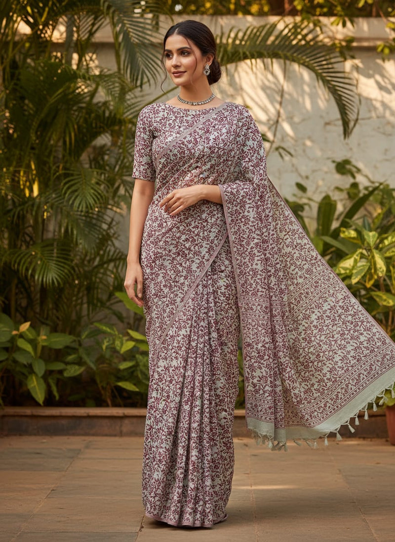 Off White Flower Silk Crepe Printed Fabric
