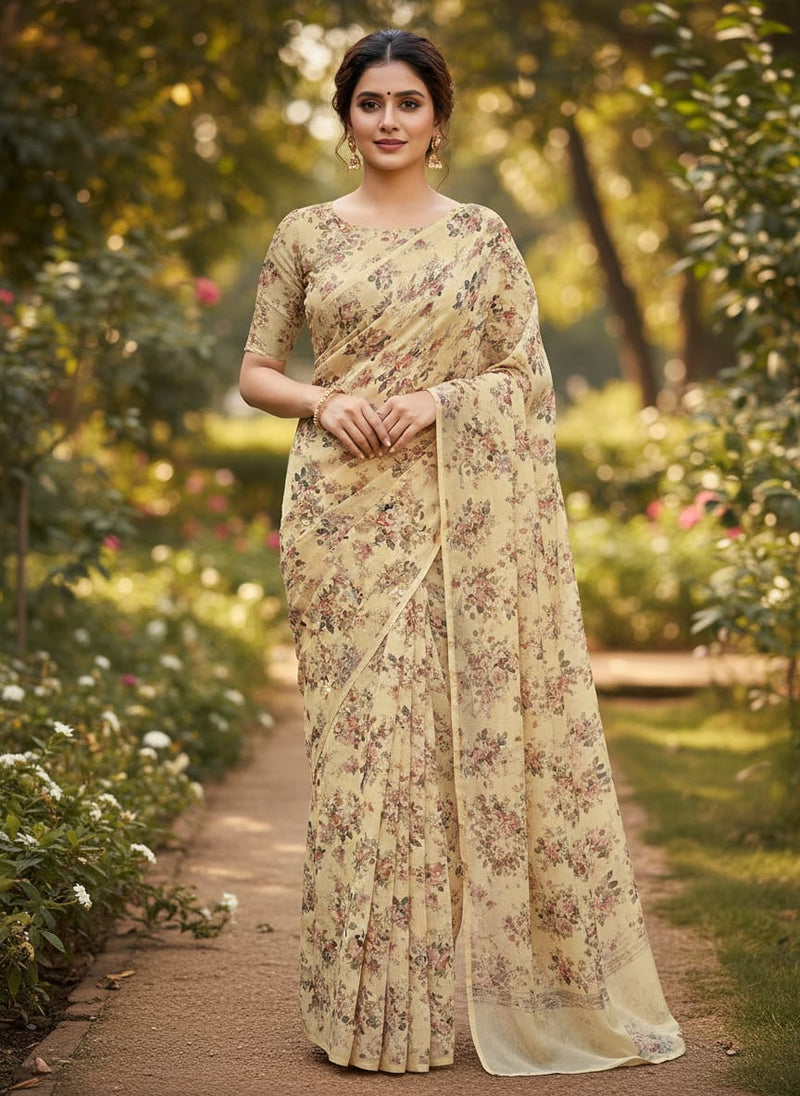 Light Tan Flower Weightless Printed Fabric