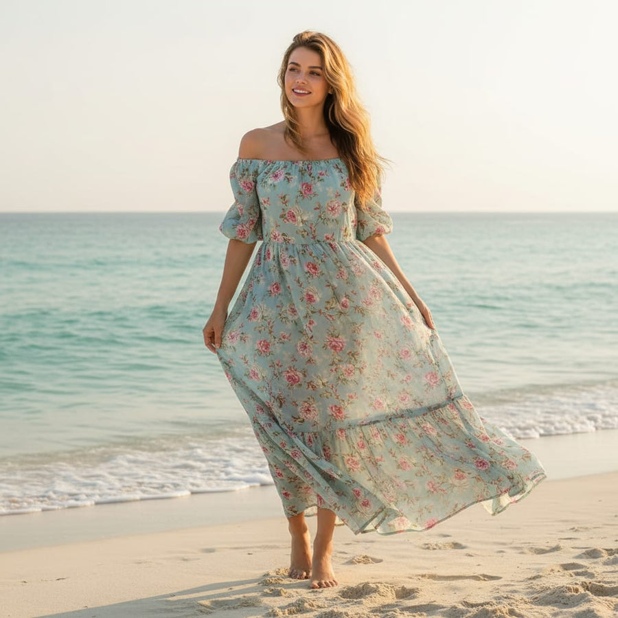 Teal Flower Weightless Printed Fabric