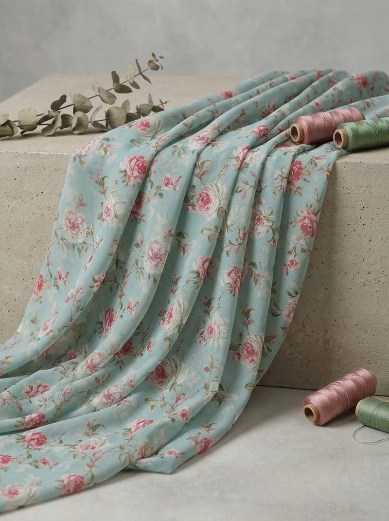 Teal Vintage English Rose Floral Weightless Digital Printed Fabric