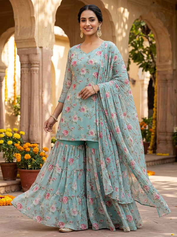 Teal Vintage English Rose Floral Weightless Digital Printed Fabric - Sharara Set Lookbook - WE-0-MA016349-110 - alternate view