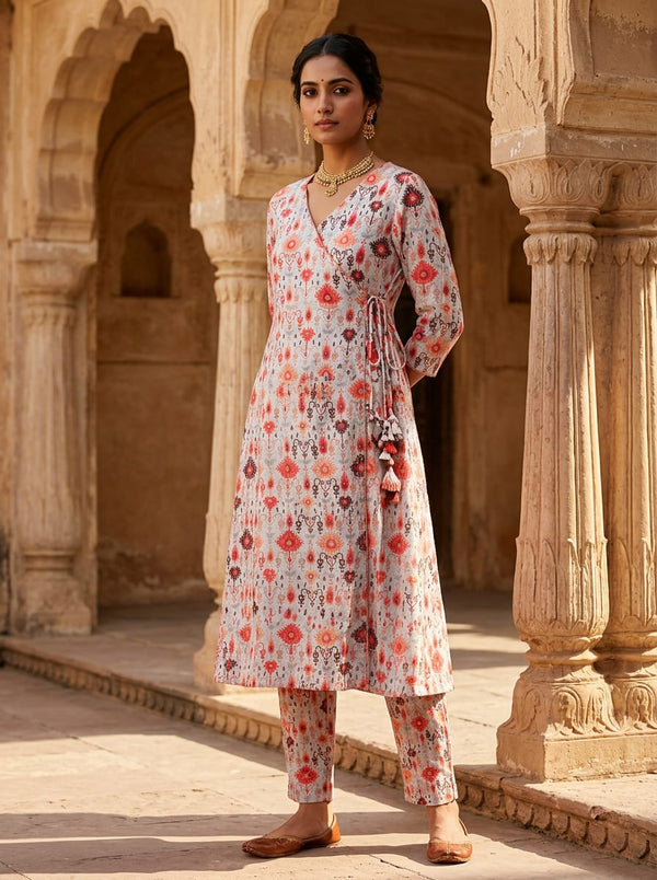 Multicolor Ethnic Ikat Style Motifs Pashmina Digital Printed Fabric - Angrakha Kurta Set Lookbook - POPA-0-MA016519-108 - alternate view